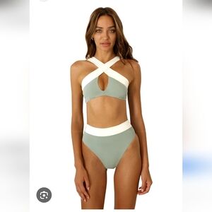 Cross-Front High-Waist Bikini Set in Sage and White